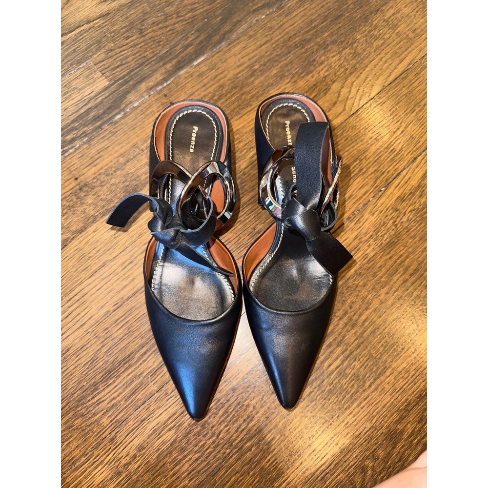Proenza Schouler Black Leather Pointed Toe Mules Silver Grommet Tie Heel 36.5